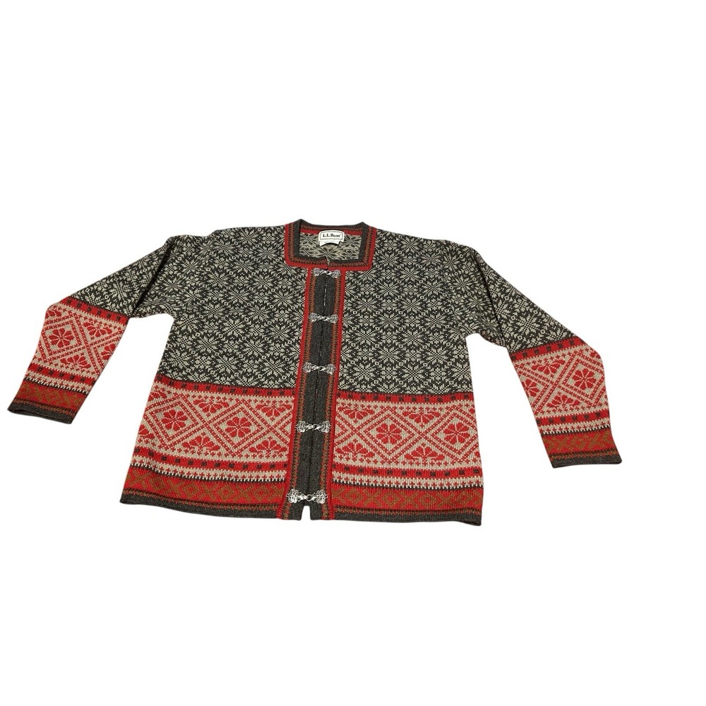 L.L.Bean Dark Orange, Olive Green and Cream Nordic Toggle Cardigan Sweater.